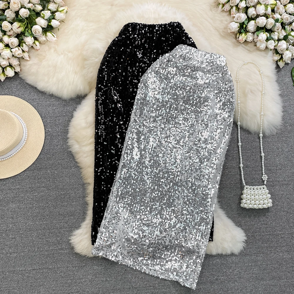 

2023 Summer High Waist Slim Sequin Half length Skirt Mid length Elastic Waist A-line Wrap Hip Skirt