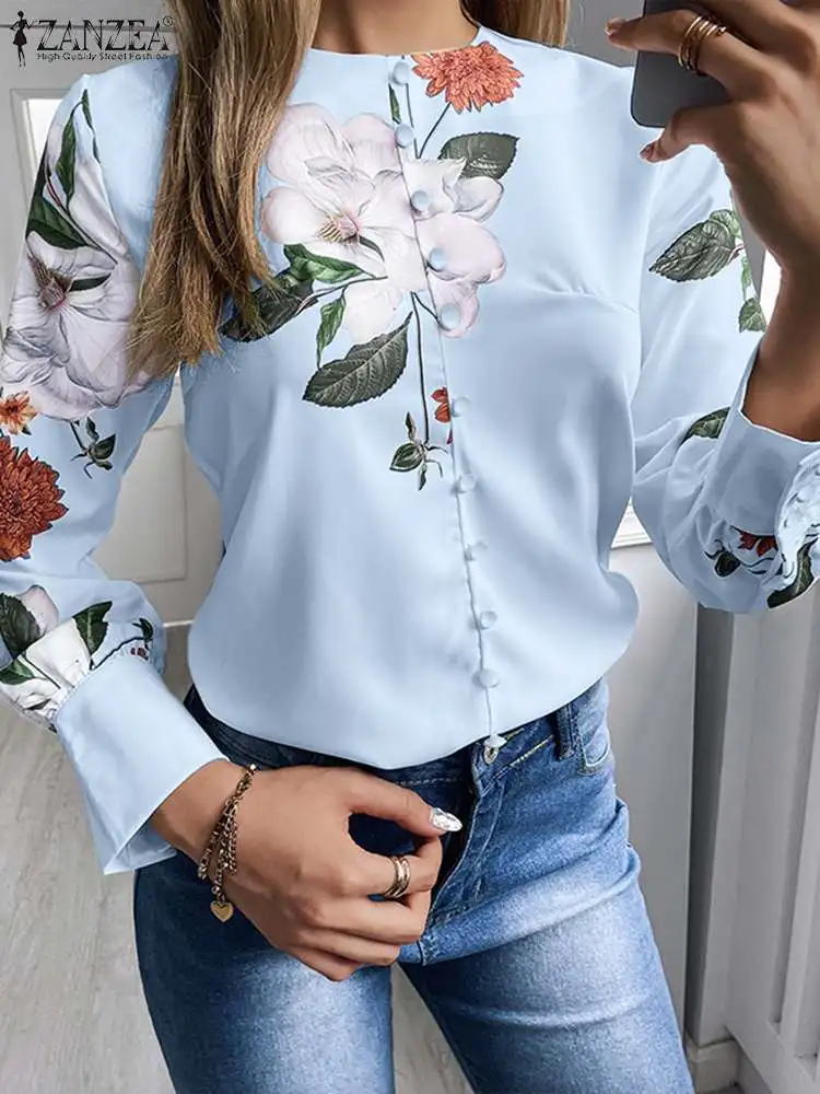 

O-Neck Floral Printed Party Tunic Tops Zipper Holiday Casual Loose Work Tunic Chemise ZANZEA Women Spring Long Sleeve Blouse