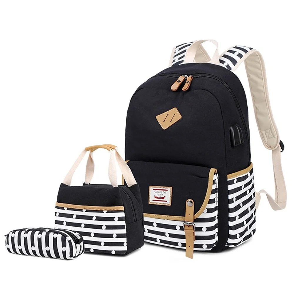 Canvas School Bags Striped Rucksack Casual Daypack Laptop Backpack College Student Bag Backpack , with Lunch Box Bag Pencil Case