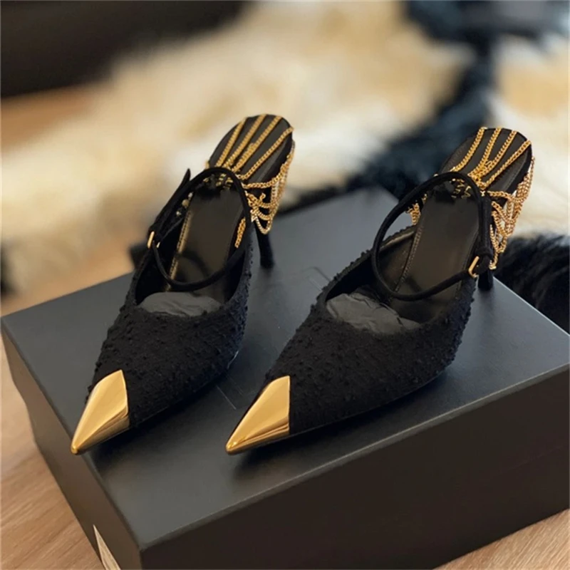 2023 Summer New Chain High-heeled Shoes Sandals Shallow-mouthed Baotou Women's Shoes Thin Heeled Pointed Metal Head Single Shoes