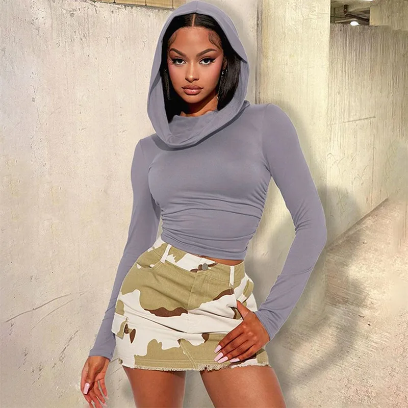 

Solid Full Sleeve Hooded T-shirts 2023 Autumn Women Fashion Casual Pullover Crop Tops Basic Tees Female Streetwear Clothing