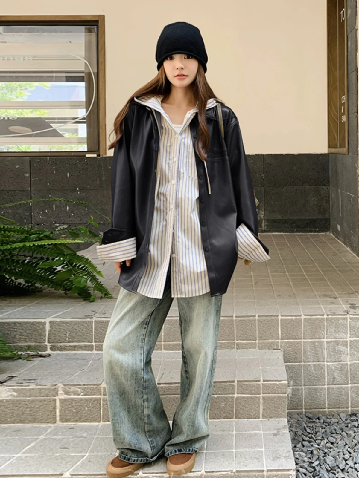 Американское винтажное черное кожаное пальто верхняя одежда женская весна и