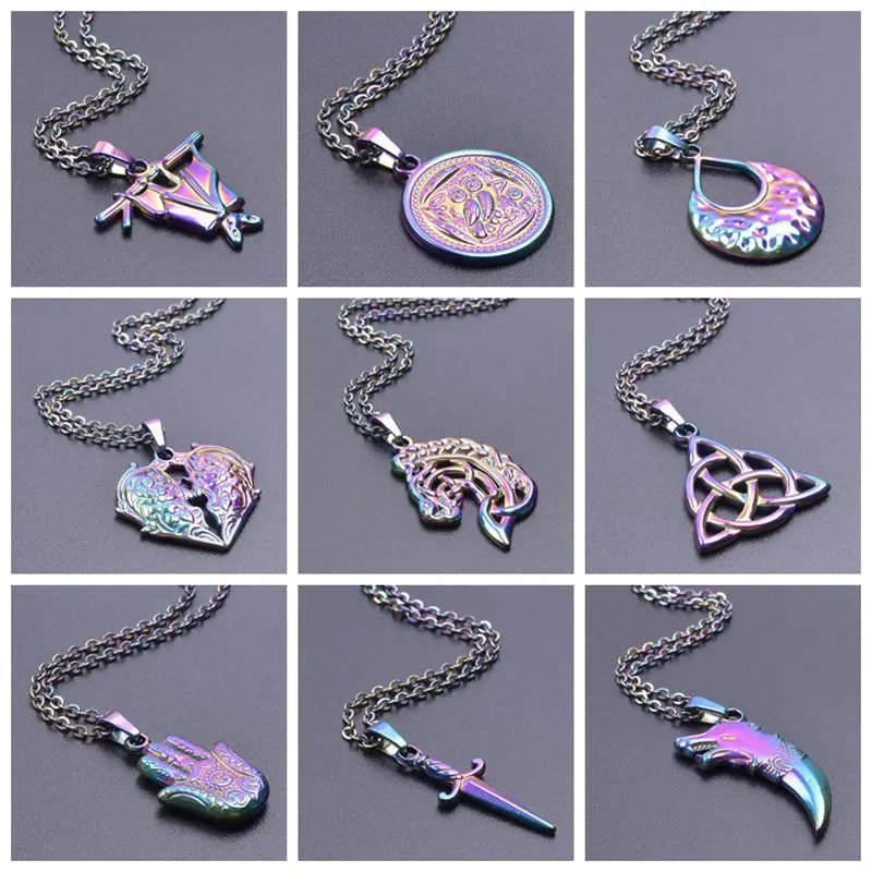 

Neo-Gothic Horse Head Stainless Steel Rainbow Punk Necklaces For Men Wolf Head HAMSA Cross Pendant Steel Chains Female Jewelry