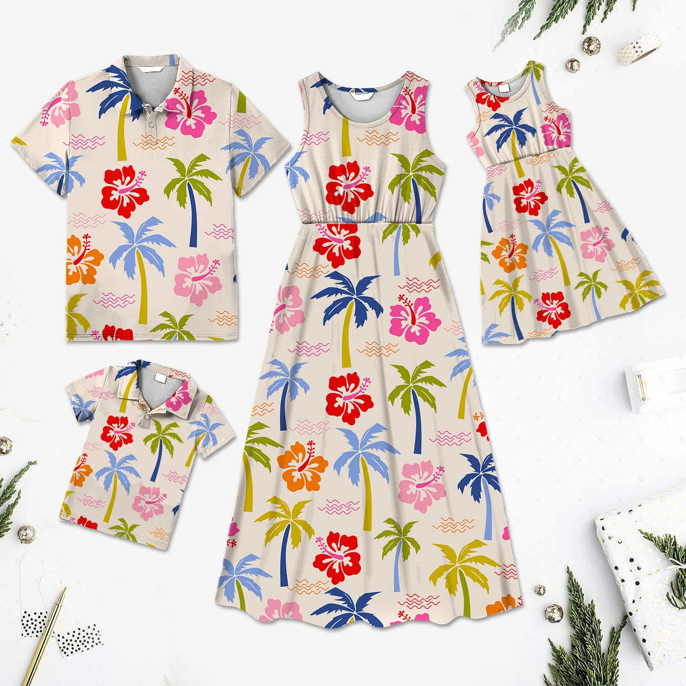 

Summer New Family Look Fashion Family Matching Hawaii Floral Splice Dresses And Short-sleeve Shirts Sets