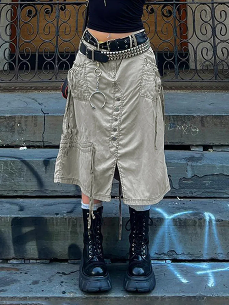 

Y2K Pockets Drawstring Cargo Midi Skirts Button Bandgae Retro Grey Skirts Women American Streetwear Outfits Grunge 90s 2022 New