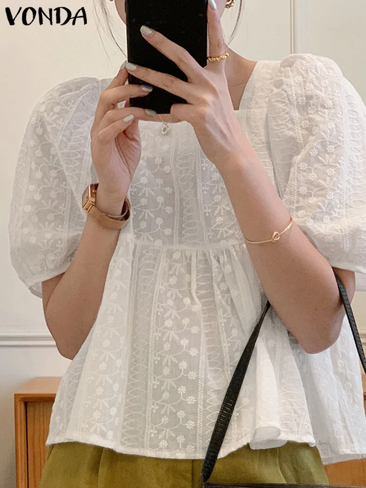 

VONDA Женская Летняя Повседневная рубашка с квадратным вырезом для вечеринки уличная блузка с коротким рукавом Топ для женщин однотонная выш...