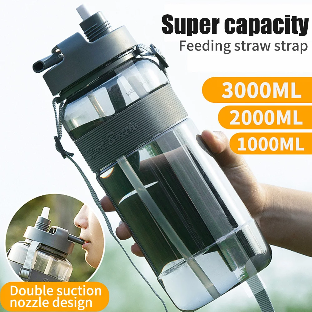 

Large Bottle Cup Water Straw Bottle Liter Gym Outdoor 3 Capacity For Drinking Strap Sport Fitness With Travel Portable New With