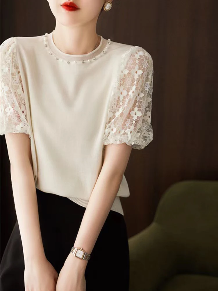 

BETHQUENOY Fashion Lace Short Sleeve Top Femme Camisetas De Mujer Faux Pearl Beading Round Neck Casual T-Shirt Women Clothing