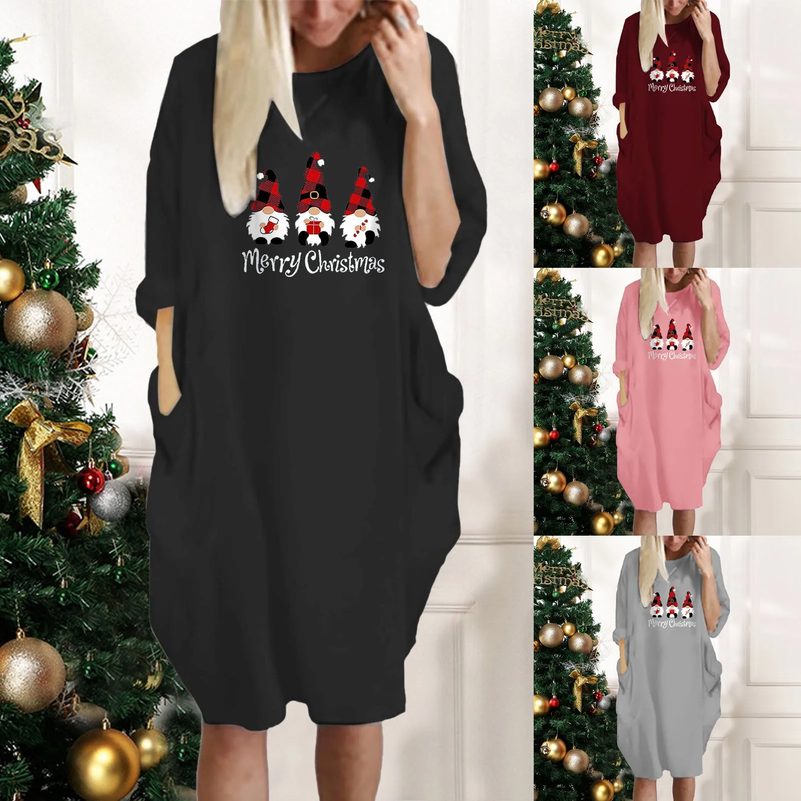

Women's Christmas Graphic Print Long Sleeve Holiday Party Loose Soft Elastic Dress With Pockets Dresses for Women Which