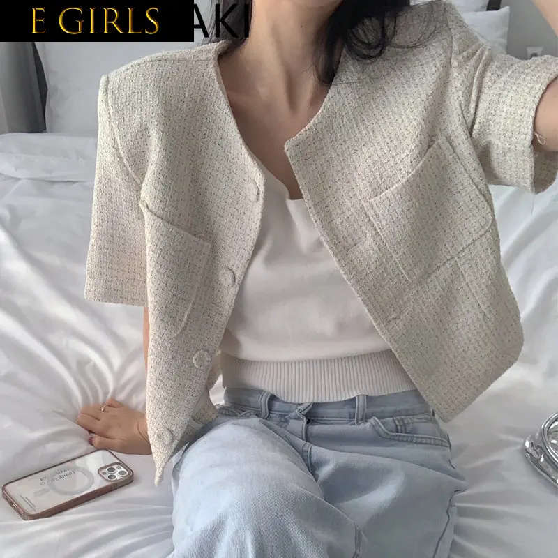 

E GIRLS O Neck Loose Tweed Short Coat Women Simple Vintage Elegant Spring Summer 2023 New Jackets Korean Style Chic Casual Outer
