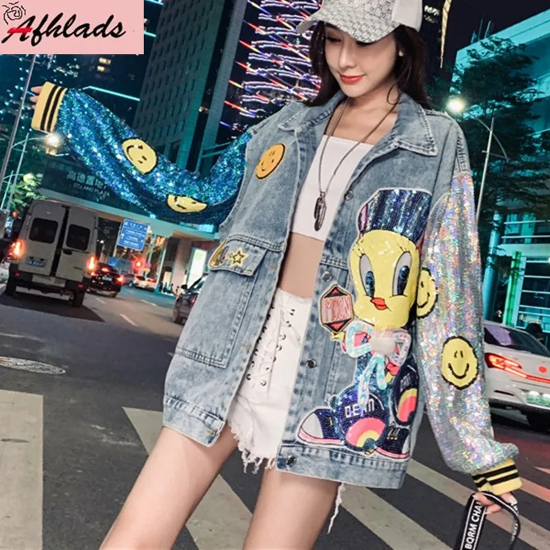 

Korean Loose Denim Jacket Coats Female Spring And Autumn New Cartoon Sequin Stitching Embroidery Streetwear Hip Hop Outerwear
