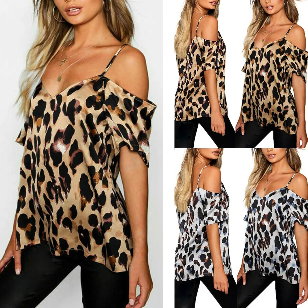 

New Sexy Ladies Casual Tops Female Clothes Hotsale Women Leopard Blouses Print Short Sleeve Off Shoulder Party Club Blouse