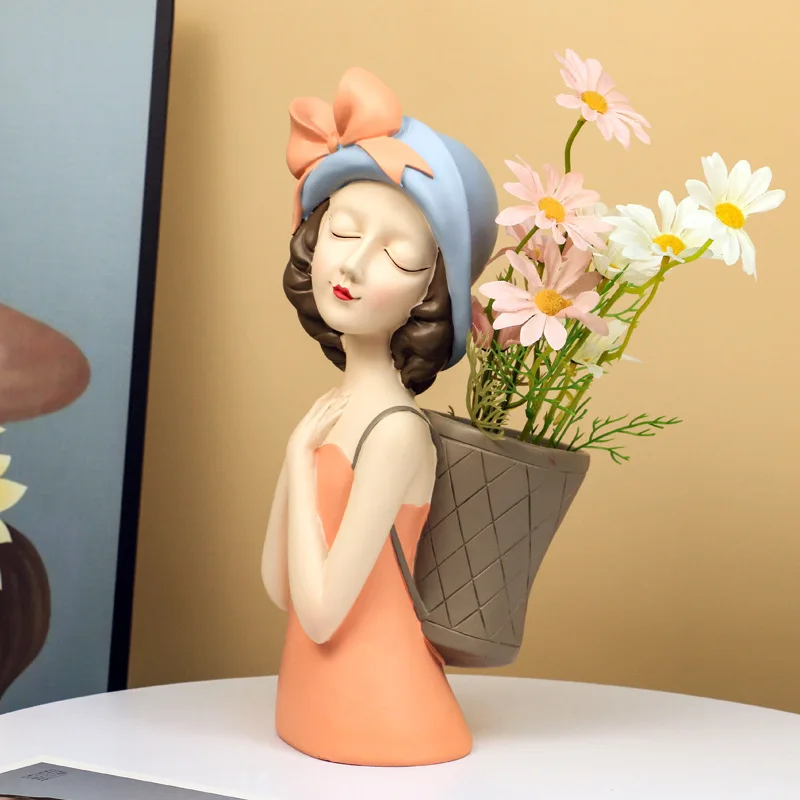 

Light Luxury Bubble Girl Back Basket Decoration Flower Vase Ornaments Resin Handicraft Gifts Porch TV Cabinet Desktop Decoration
