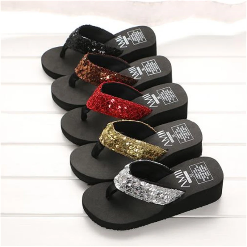 

Beach Sandals 2022 New Lady Girls Sequin Flatform Wedge Shoes Comfortable Black Simple Breathable High Quality Woman Shoes