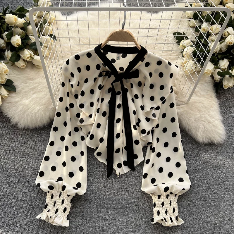 

Chic Fashion Women French Vintage Polka Dot Shirts Ruffled Slim Sweet Tied Chiffon Blouse Casual Spring Elegant Tops Ropa Mujer