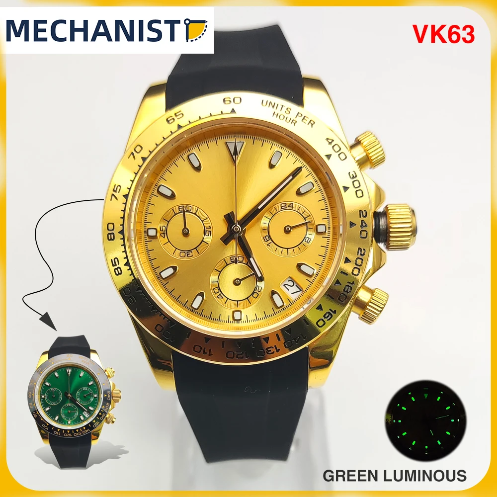 

Luxury gold watch 39mm sapphire glass men's chronograph VK63 quartz caliber gold quick adjustment clasp silicone strap