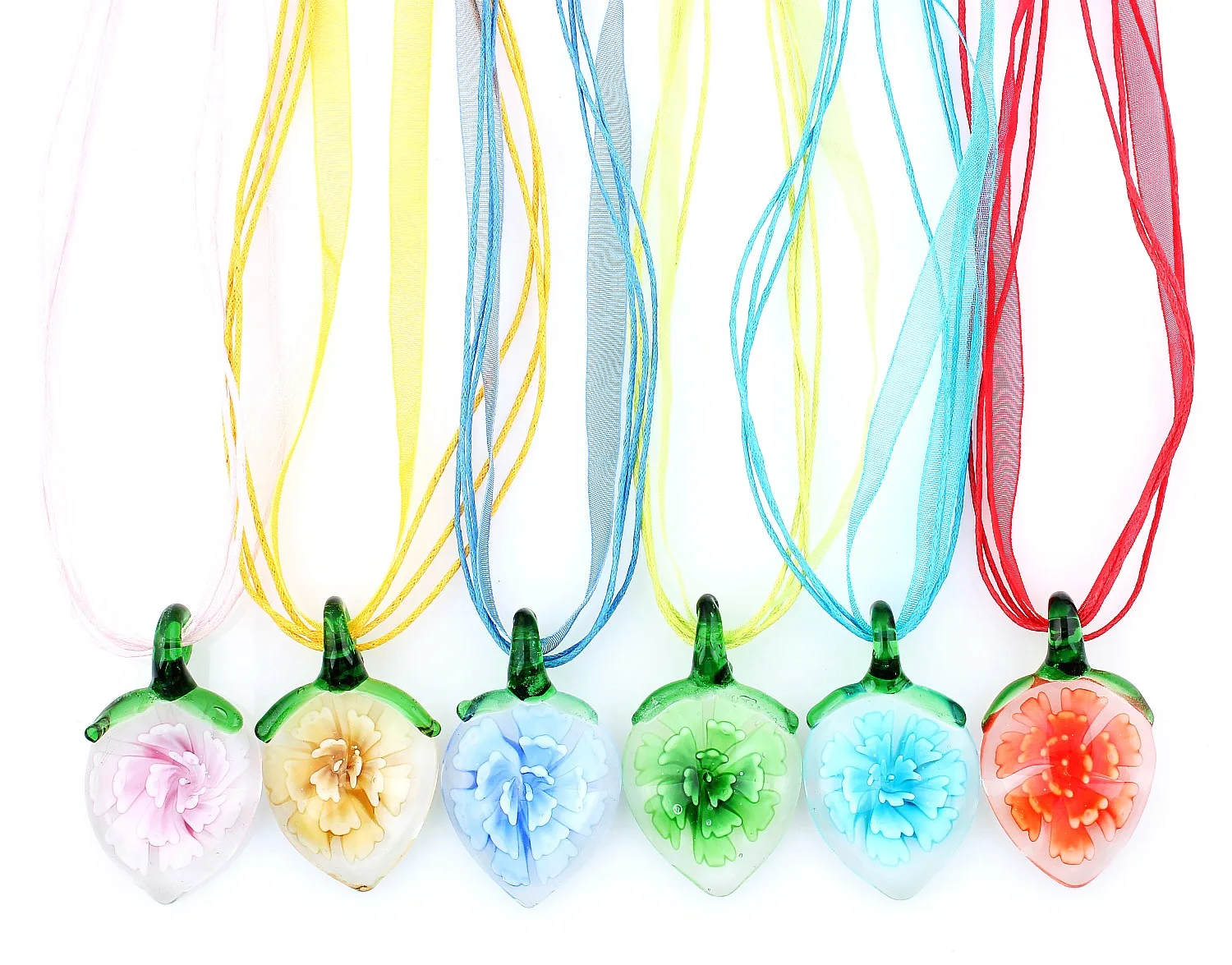 

Fashion Wholesale Lots 6pcs Handmade Murano Lampwork Glass Mixed Color Inside Flower Heart Pendants Silk Cords Necklace New