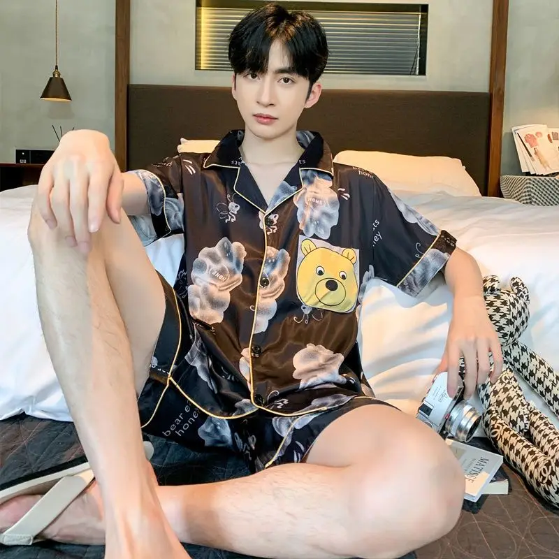 1 Pajamas men's summer ice silk short sleeve summer men's thin silk teen cartoon school loungewear set