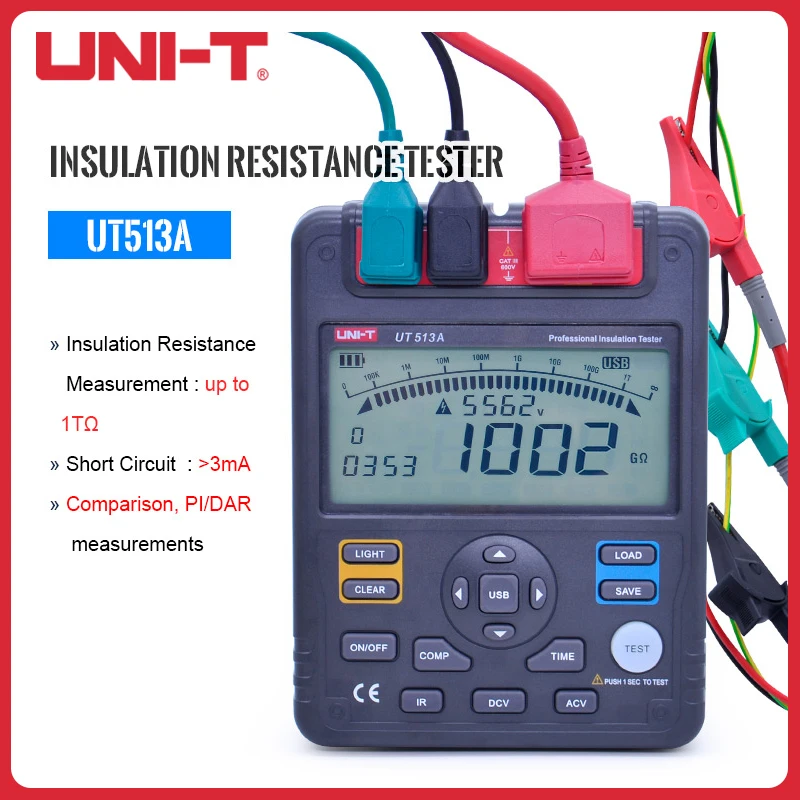

UNI-T UT513A Insulation Resistance Tester 500V-5000V AC DC Voltage Ohm Megger Analog Bar Graph Meter Ohmmeter LCD Backlight