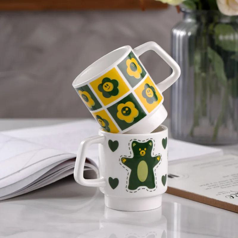 

250 мл милые фарфоровые кофейные чашки с цветами и медведем, персонализированная креативная чайная кружка для завтрака, Мультяшные керамические парные кружки, домашняя посуда для напитков