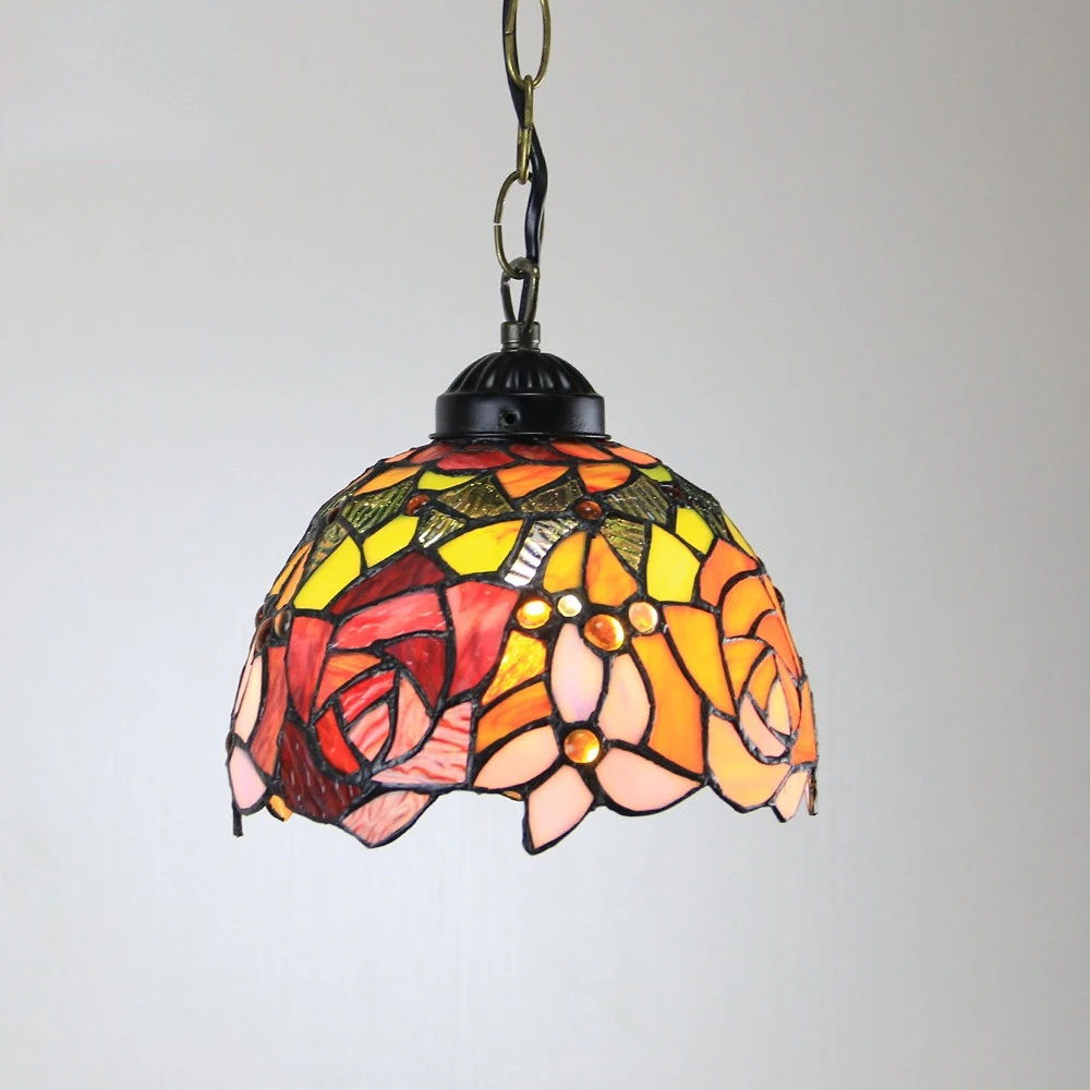 

American Eurpoe Style Garden Rose Tiffany Glass Chandelier Porch Corridor Lamp Vintage Stained Glass Flush Mount Ceiling Light