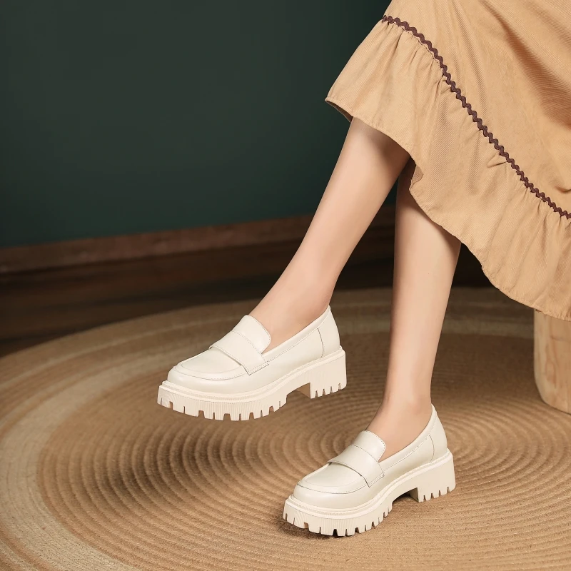 2023 Women British Style Shoe Thick Soled College Lady Footwear Casual Loafers Spring Autumn Genuine Leather Fashion Girls Shoes