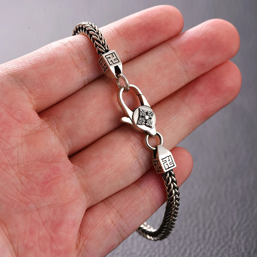 

925 Sterling Silver Vintage Bracelet 18/20/22cm Square Chain Quatrefoil Lobster Clasp Men Birthday Party Fashion Jewelry Gift