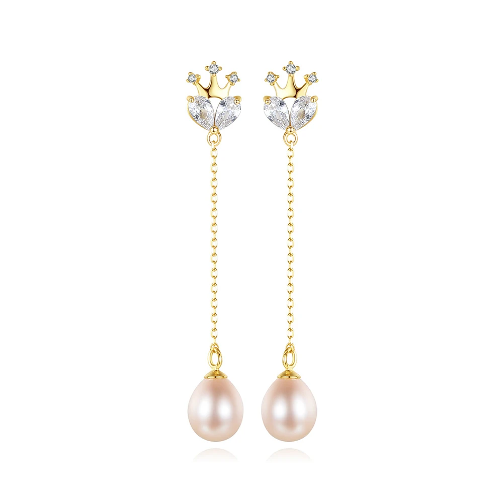 

Genuine Natural Pear Crown Long Chain Drop Earrings S925 Silver Tassle Freashwater Beaded Wedding Jewelry Gift for Women