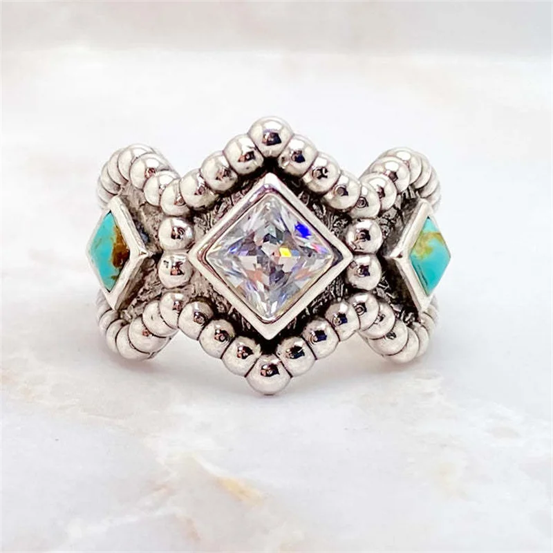 

European and American New Ancient Silver Turquoise Ring Fashion Simple Engagement Proposal Diamond Ring High Quality Ring