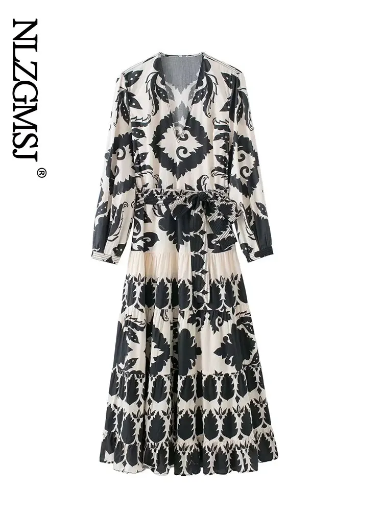 

Nlzgmsj ZBZA 2022 Retro Geometric Print Tie Waist Multi-layer Loose Long Sleeve Dress Women Spring Dress 202203