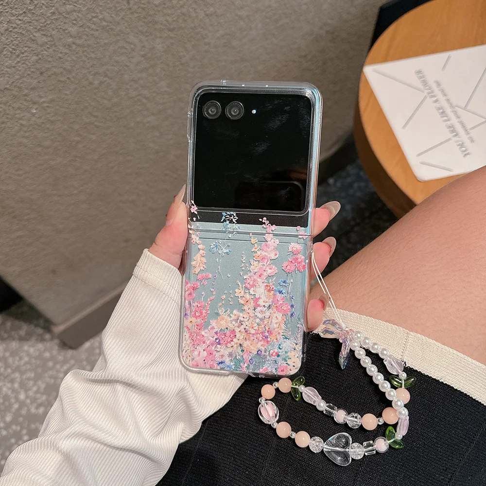 Для Motorola Razr 50 40 Ultra чехол с цветочным узором прозрачный опционально браслетом