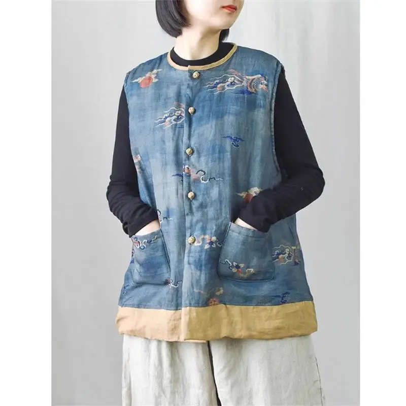 Женская льняная хлопковая куртка в этническом стиле ретро с принтом теплый