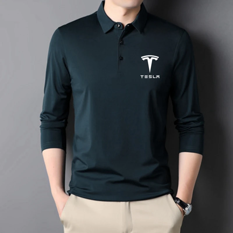 

Tesla Men Polo Shirt Men's Business Work Casual Cotton Male Top Tees Autumn Long Sleeve Turn-down Collar Polo Shirts Plus Size