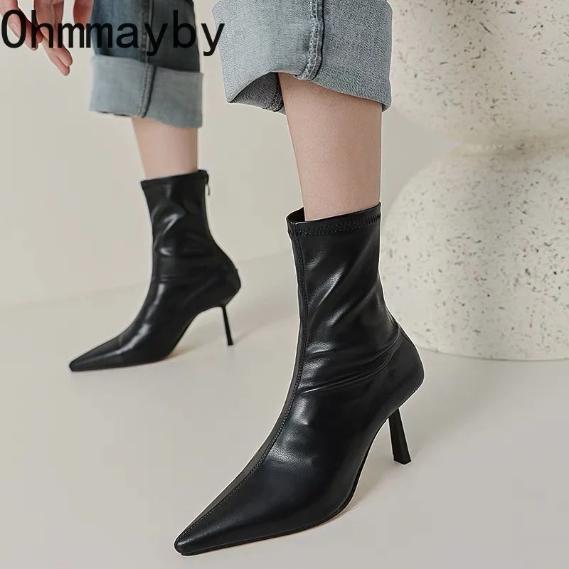 

Pointed Toe Women's Ankle Boots Fashion Soft Leather Short Botas Ladies Elegant Thin High Heel Shoes Autumn Women's Footwear
