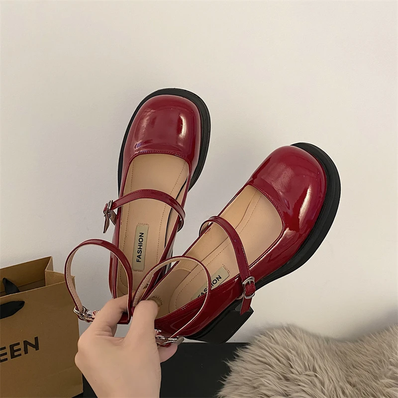 Chunky Sandals 3cm Heels Round Toe 2023 Mary Jane Basketball Platform Footwear Block 5cm Spring Leather Casual