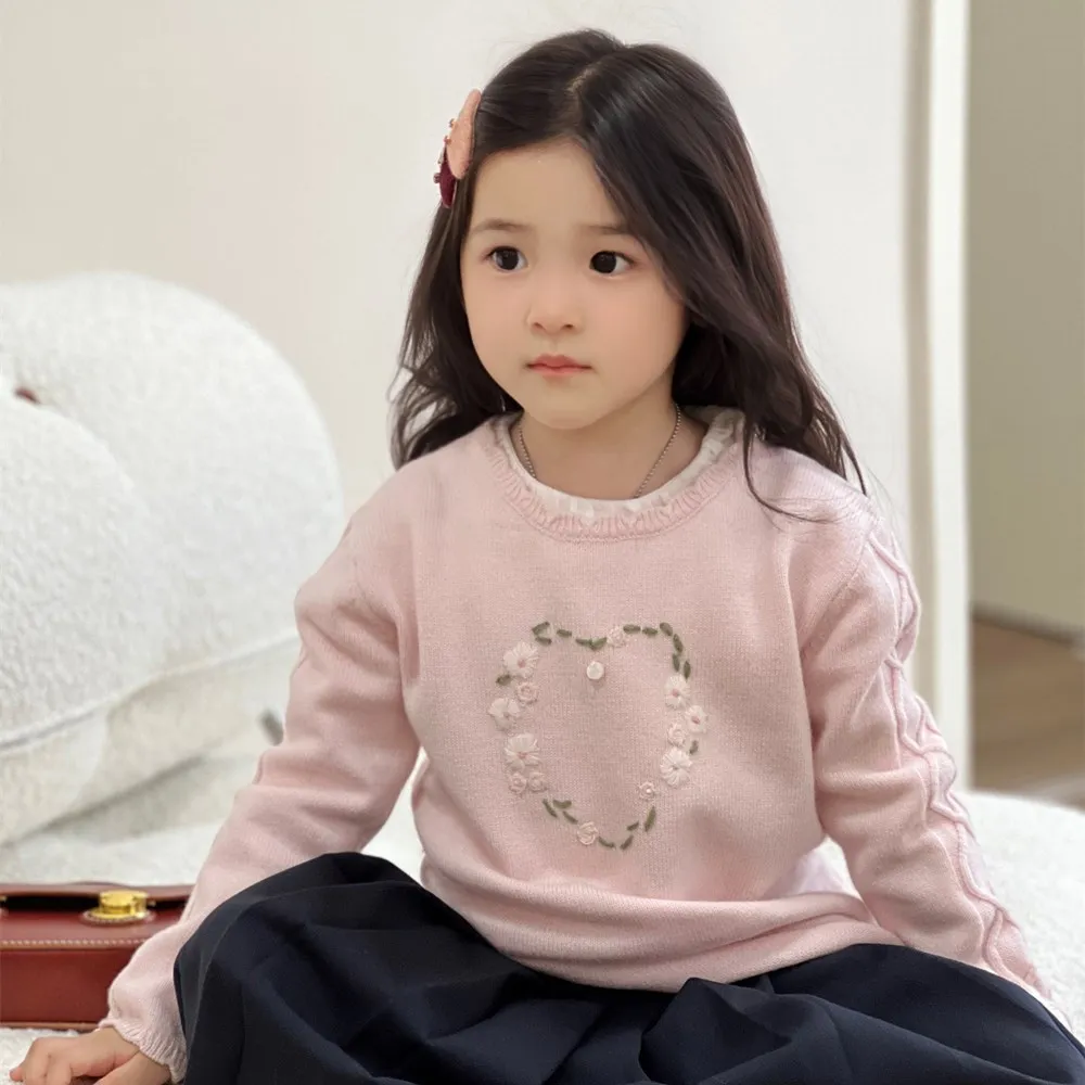 

Свитера для маленьких девочек, милый розовый вязаный пуловер, вязаный крючком свитер ручной работы с цветами из 50% шерсти