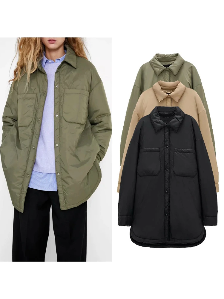 

2022 Women Autumn Turn Down Collar Jacket Breasted Buttons Big Pockets Solid Loose Female Outerwear Padded Coat