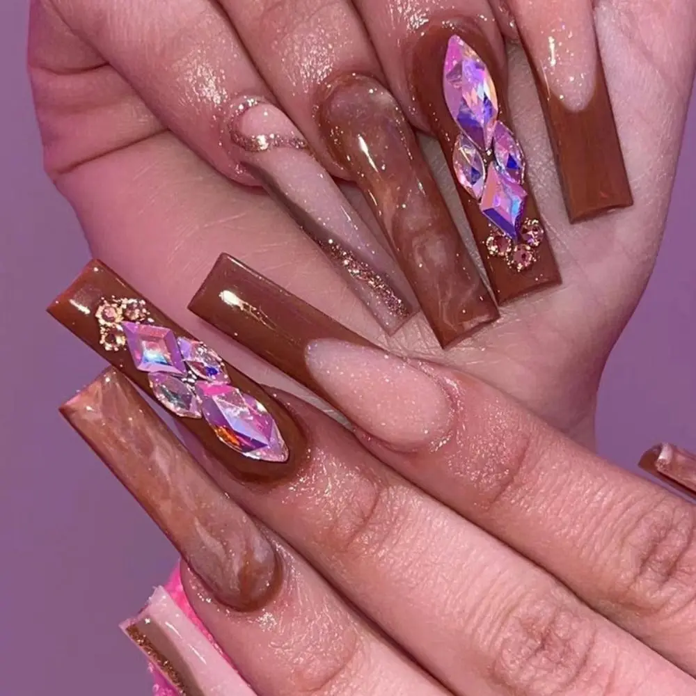 

24pcs Nail Tips Detachable Full Cover Shining Blue Wavy Press on Nails Fake Nails French Long Ballerina