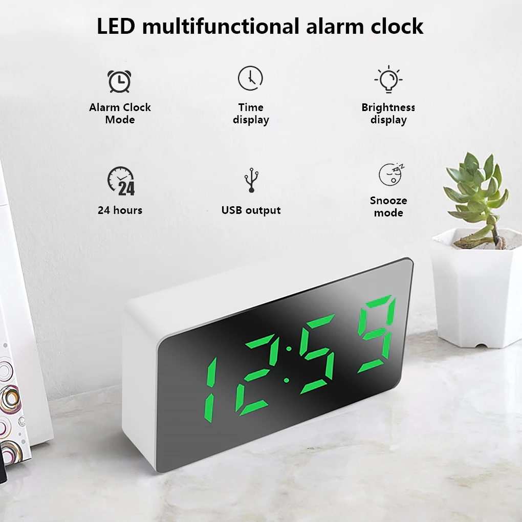 Multifunctional Digital Alarm Mirror Table Clock Snooze Display Time Night LED Light Date Temperature Display Desktop Home Decor