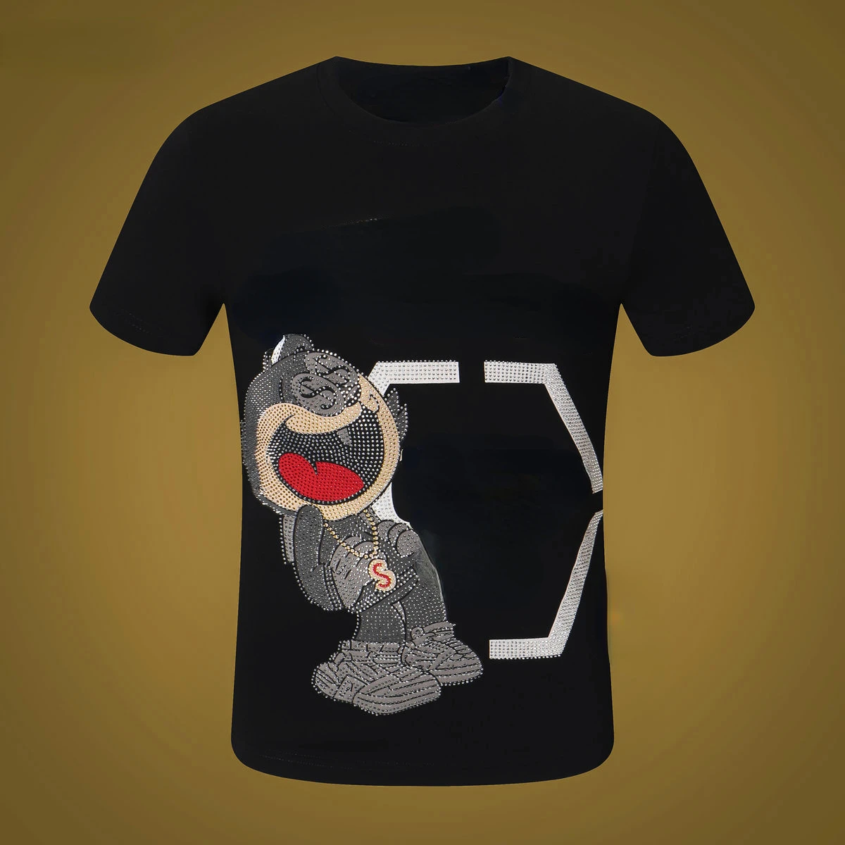 

T-shirt men's 2022 summer short sleeve cartoon cat hot drill trend slim fitting round neck casual fashion T-shirt trend