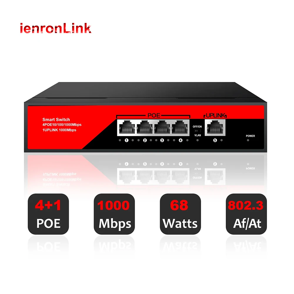 

Ienronlink Gigabit POE Switch 1000mbps Fast Ethernet POE Switch with Vlan RJ45 52V 62W Power for IP Camera/ Wifi Router