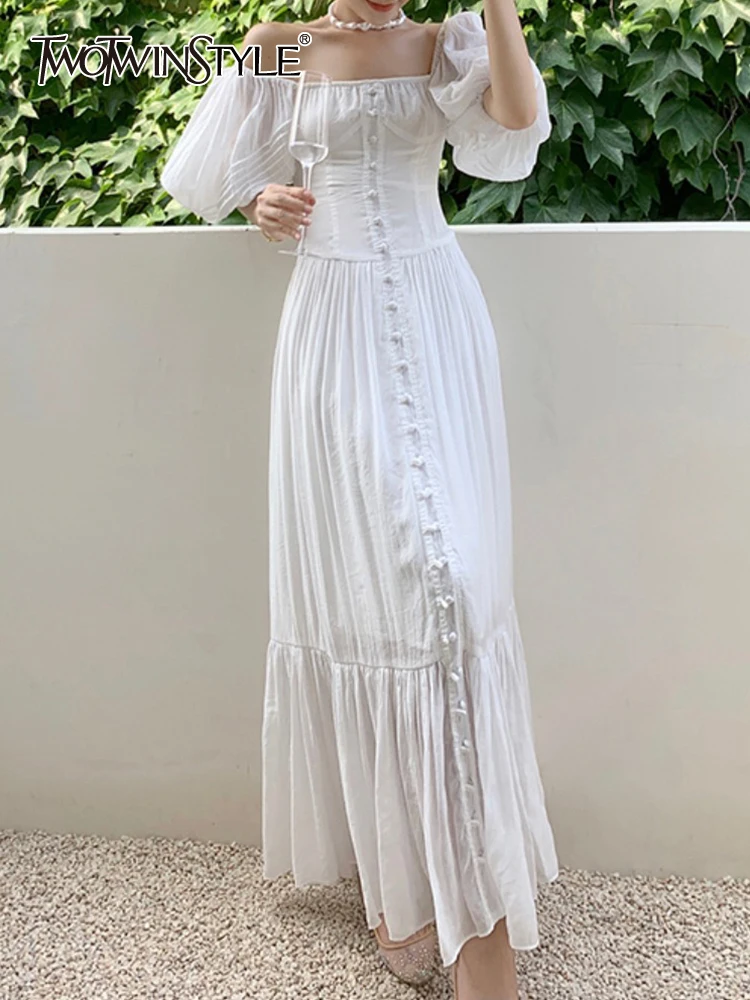 

TWOTWINSTYLE Elegant White Dress For Women Square Collar Puff Sleeve High Waist Solid Loose Midi Dresses Female Clothing Fashion
