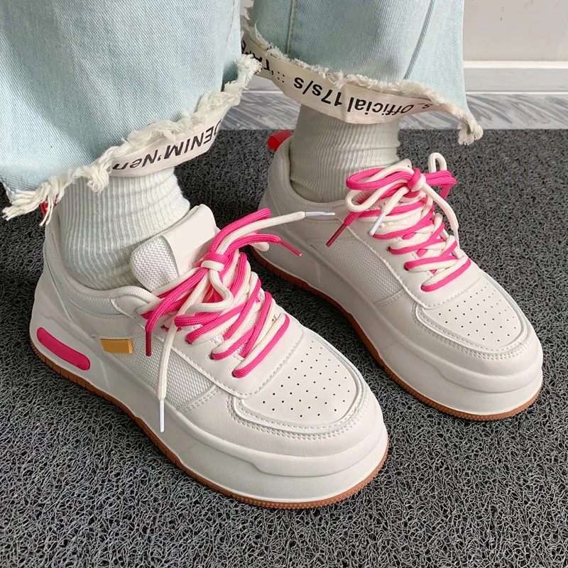 2023 Women's Spring Summer Sports Shoes Kawaii Platform Running Casual White Spring Lovely Pink Thick Sole Vulcanized Shoes