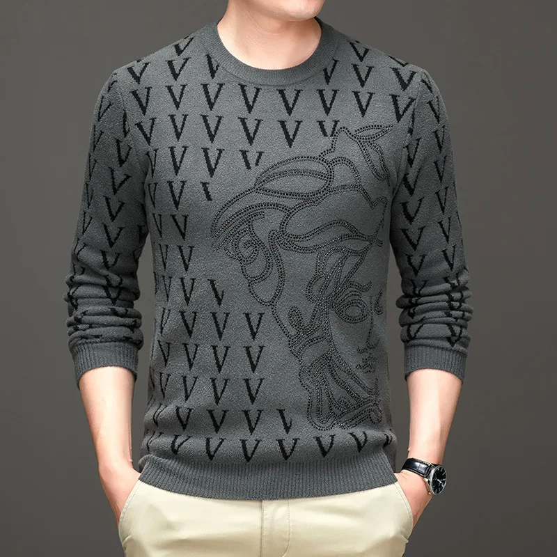 

Winter casual sweater men's knit sweater round neck pullover youth casual bottoming shirt warm men's sweater flame sweater