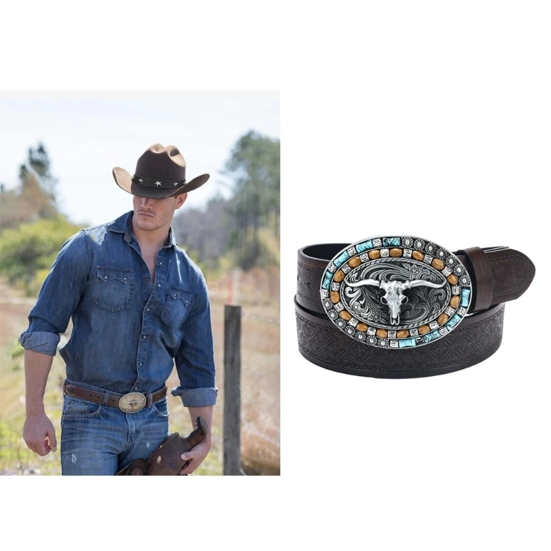 Teenagers PU-Leather Waist Belt with Relief Bull Head Buckle Adjustable Belt Coat Jeans Male Wide Formal Waistband