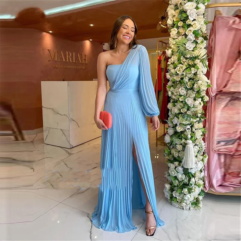 

One Shoulder Long Sleeve High Split Pleated Open Back Women's Party Evening Dress Sexy Elegant Chiffon Fashion Vestidos De Noche