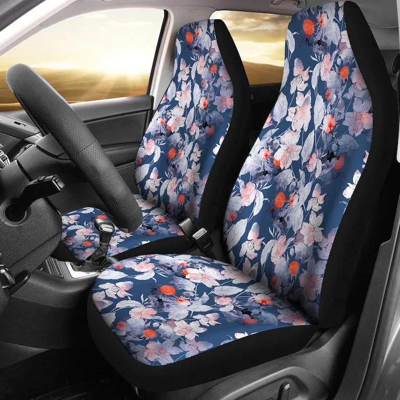 

Blue Floral Flowers Car Seat Covers Pair, 2 Front Seat Covers, Car Seat Protector, Car Accessories