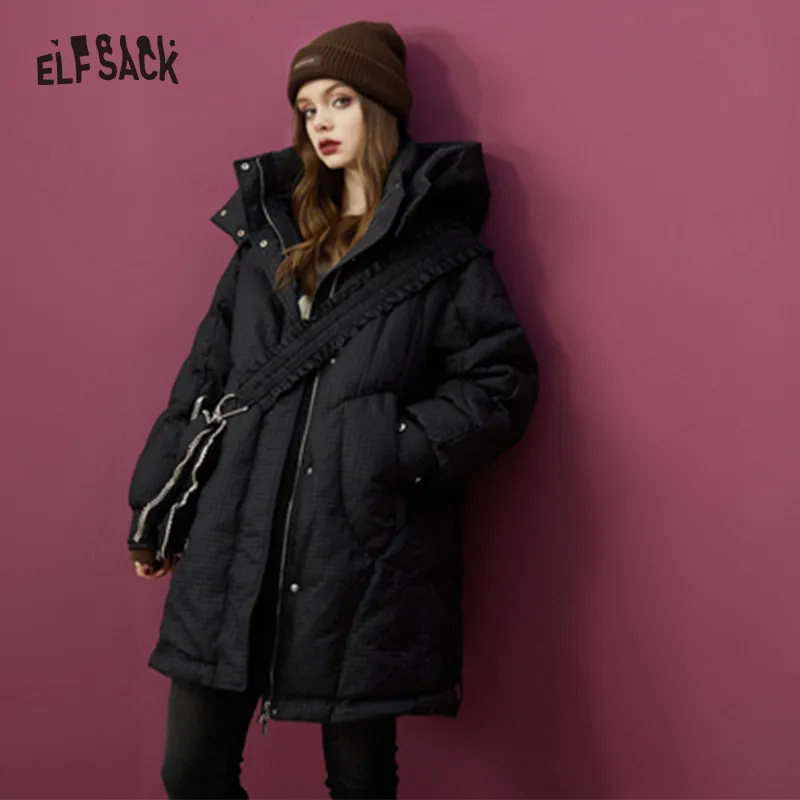 ELFSACK Black Warm Down Coats Women 2022 Winter Long Casual Coats