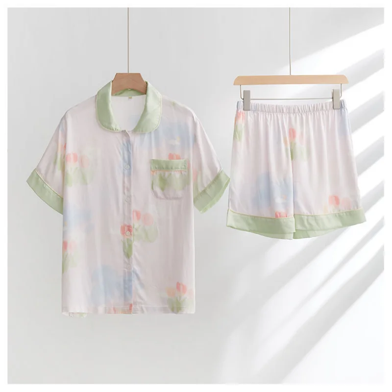 Летний свободный Гладкий пижамный комплект для женщин с розовым принтом