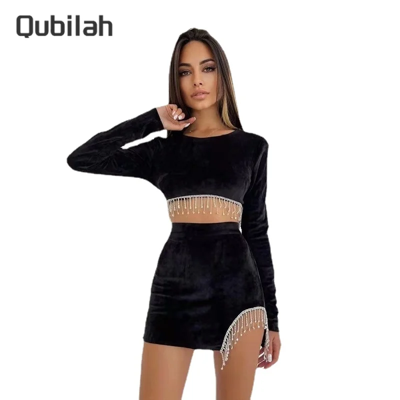 

Two Piece Sets Womens Outifits Tassel Long Sleeve Crop Top Spring Winter New Sexy Mini Skirt Dresses Sets Sexy Outfits for Woman
